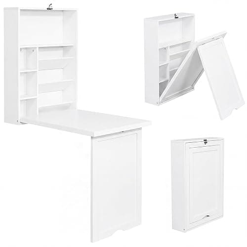 Tangkula Folding Wall Mounted Desk, Convertible Fold Out Floating Table with Storage Shelves, Space-Saving Drop Leaf Table, Murphy Desk for Craft, Study, Small Spaces, Home Office, Dorm, White thumbnail 9