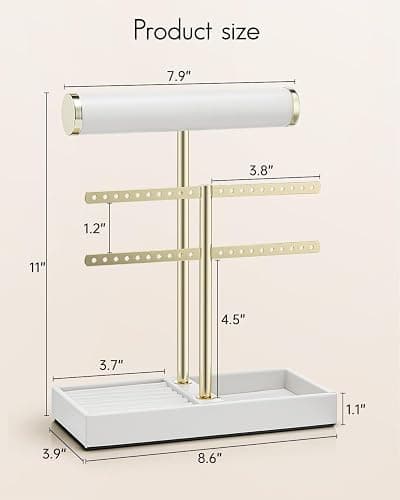 Vlando 2 Tier Necklace Holder Organizer with Tray, Leather Bracelet Holder Display for Women, Gold Jewelry Holder Stand for Bracelet, Necklace, Earrings, Rings - White thumbnail 2