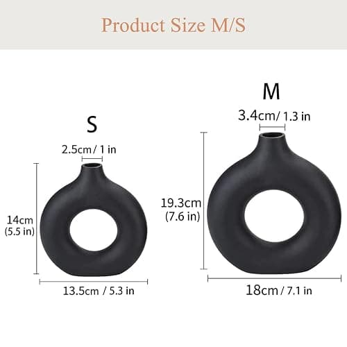 Hanaomaoyi Black Ceramic Donut Vase Set of 2, Hollow Round Matte Pampas Flower Vases for Boho Home Wedding Party Room Dinner Table Shelf Decor.（Black） thumbnail 3