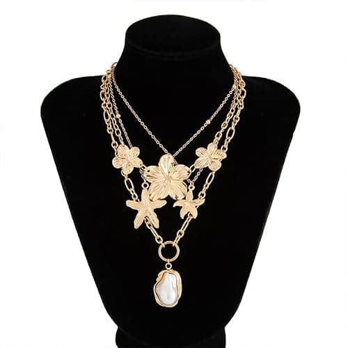Gold Hibiscus Flower Statement Necklaces Chunky Big Flowers Floral Pearl Starfish Charms Layered Beach Beachy Vacation Choker Necklace Jewelry for Women thumbnail 9