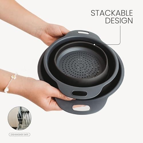 Collapsible Colander | 2-Pack Black Collapsible Strainer for Pasta, Fruits, & Vegetables | Compact Silicone Strainer Ideal for Straining all Sorts of Foods | Strainer for Everyday Use Medium thumbnail 5