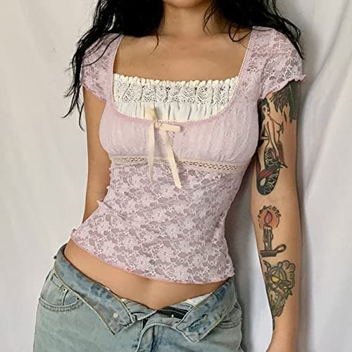 Women Fairy Grunge Y2k Shirts See Through Square Neck Lace Patchwork Tops Vintage Goth Aesthetic Clothing - C1 Pink - Small thumbnail 2