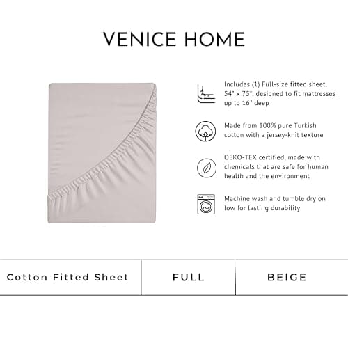Venice Home 100% Cotton Fitted Sheet Only - Deep Pocket up to 16inch - All-Around Elastic - T-Shirt Fabric Jersey Knit - Extra Soft - Easy Fit - All Season - Comfy (Beige, Full) thumbnail 3