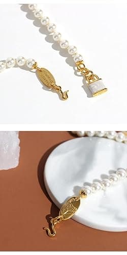 Gold Saturn Necklace for Women - Enamel Padlock Pendant with Pearl Chain, Punk Style thumbnail 4