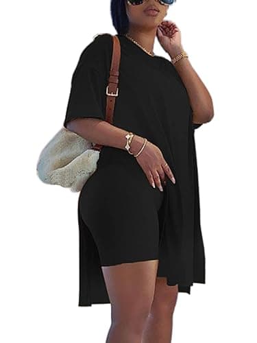 qfmqkpi Women’s Casual 2 Piece Outfits V Neck Side Split Tops and Shorts Set Tracksuit