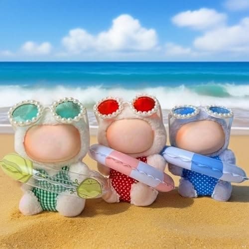 Stylish Summer Beach Clothes Set Suitable for Labubu 17cm/15cm – Fashion Outfit(Doll Not Included) (Blue Swimsuit+Swim Ring+Necklace+Glasses) thumbnail 2
