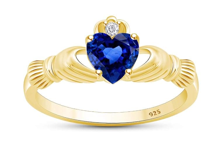 Claddagh Heart Ring, Center 6MM Simulated Birthstone with White Cubic Zirconia, Gemstone Rings for Women in 14K Gold Plated 925 Sterling Silver Jewelry Gift for Her - Image 1