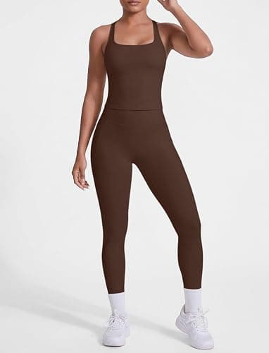 2 Piece Workout Sets for Women Racerback Tank High Waisted Pocket Leggings No Front Seam Tummy Control Butt Lifting thumbnail 2