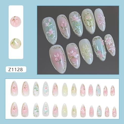 Mkwntg 24Pcs Gradient Press on Nails Medium Almond Fake Nails 3D Light Flower Blush Pearl Shimmer False Nails Pink Blue White Glue on Nails Reusable Acrylic Spring Floral Stick on Nail for Women thumbnail 2