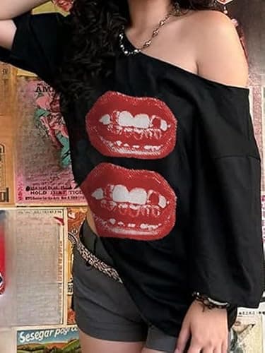 Pinclodly Off The Shoulder Tops for Women Short Sleeve Y2K Jersey Number Graphic Oversized Tshirts E-Girl Tees thumbnail 4