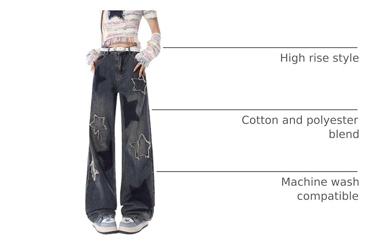 Lafaguw Cute Jeans for Women Girls Star Patchwork Pants High Waisted Straight Leg Jean Casual Preppy Clothes thumbnail 4