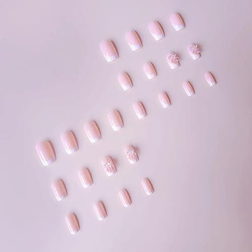 3D Bow Fake Nails - 24PCS Crystal False Nails with Glue - Short Square Press on nails - French Tip Stick on Nails - French Manicure Acrylic Nail Tips for Women Holiday & Daily Long Lasting Wearing thumbnail 4