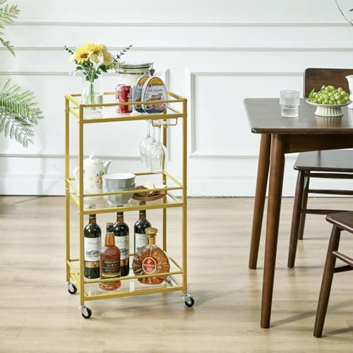 IBUYKE Home Bar Serving Cart,Small Bar Cart with 3-Tier Glass Shelf, Mobile Drink Shelf with Wine Holders and Glass Holders,Mini Bar for Outdoor, Small Space, Kitchen Gold TMJ519G thumbnail 7