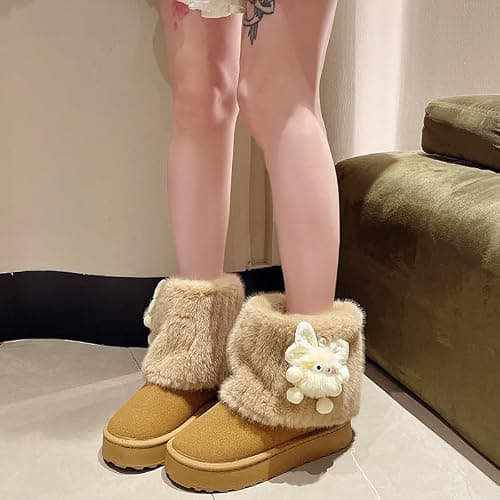 UNMULFC Cute Platform Boots Women's Snow Boots Chunky Winter Shoes Aesthetic Bow Pearl Thick Sole Kawaii Fuzzy Plush Fluffy thumbnail 7