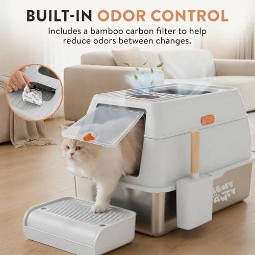 XL Stainless Steel Cat Litter Box with Enclosure and Pooper Scooper - Durable Black Metal Litter Box for Big Cats, High Sides for Anti-Leakage, Never Absorbs Odors, Non-Sticky - (60x40cm) (White) thumbnail 2