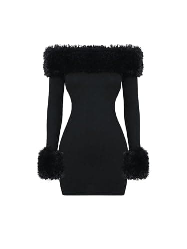 SOLY HUX Women's Bodycon Mini Dress Off The Shoulder Contrast Faux Fur Long Sleeve Dresses - Image 1