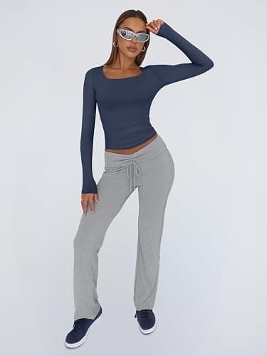 Trendy Queen Womens Long Sleeve Shirts Crop Tops Fall Fashion 2025 Square Neck Going Out Basics Tees Y2k Clothes thumbnail 6