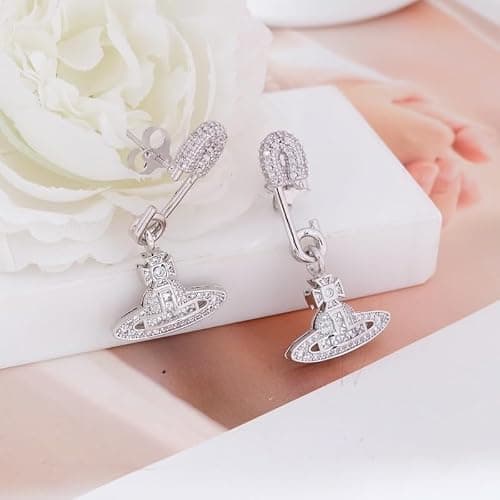 Colorful Saturn Earrings for Women - Punk Two-sided Pin Clip Zircon Saturn Earrings Ear Studs(Silver) thumbnail 2