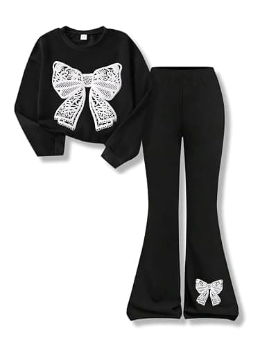 Vitalique Girls Clothes Fall Long Sleeve Lace Bow Print Sweatshirt Flared Pants 2PCS Set Little Girl Outfits Size 6-14 - Image 1
