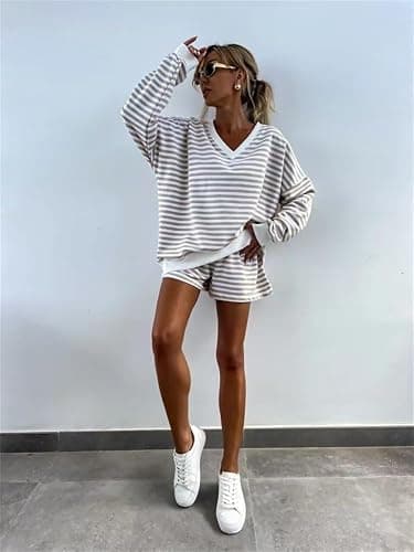 Melliflo Women 2 Piece Outfits Lounge Sets Striped Print Long Sleeve V Neck Sweatshirt and Shorts Set Fall Sweatsuit thumbnail 3