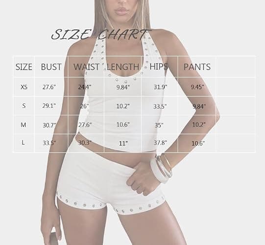 Cosehina28 Womens Summer 2 Piece Shorts Set Going Out Concert Club Outfit | Studded halter top, tie-back open back, fitted mini shorts, y2k,festival, club, vacation, party, date night, stretch fabric thumbnail 6