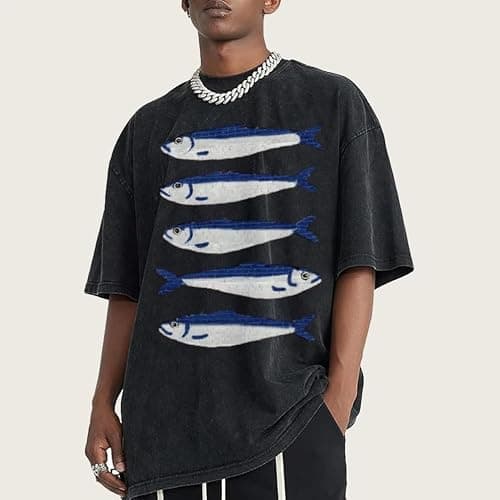 TYATVS Women Oversized Graphic Tee Fisherman Core Aesthetic Y2k Grunge Fish Print T-Shirts Streetwear Summer 2025 thumbnail 3