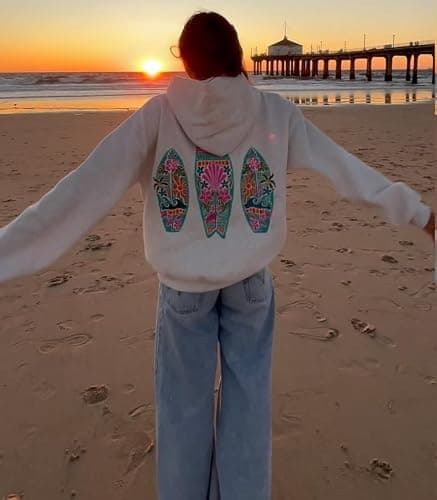 Yiulangde Women Teen Girls Cute Embroidered Flower Ocean Graphic Hoodies Coastal Preppy Long Sleeve Pocket Hoodie Sweatshirts thumbnail 2
