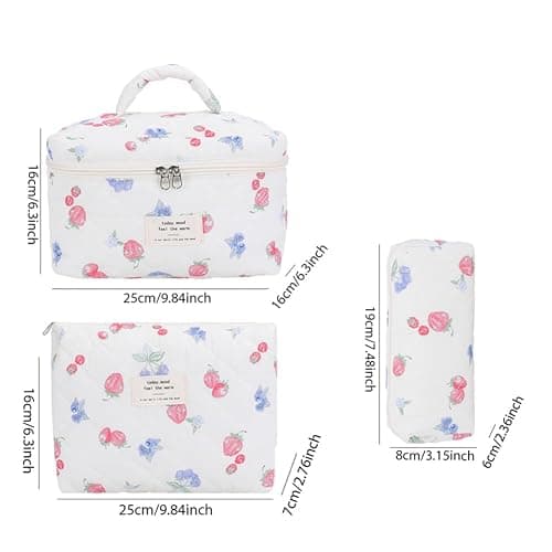 Quilted Makeup Bag Set 3 Pcs Cute Strawberry Makeup Bags For Women Large Aesthetic Floral Cosmetic Bag Coquette Cotton Makeup Pouch thumbnail 4