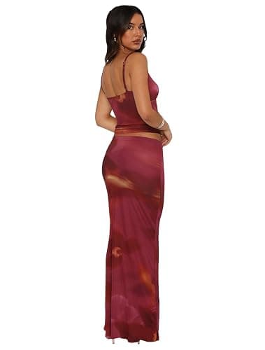 Lybiogs Two Piece Skirt Set for Women - Sexy Sleeveless Spaghetti Strap Pleated Tank Top Maxi Long Skirts Sets thumbnail 3