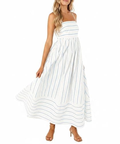 chouyatou Women's Striped Back Smocked Maxi Dress Sexy Spaghetti Strap Cut Out Flowy Swing Long Dress - Image 1