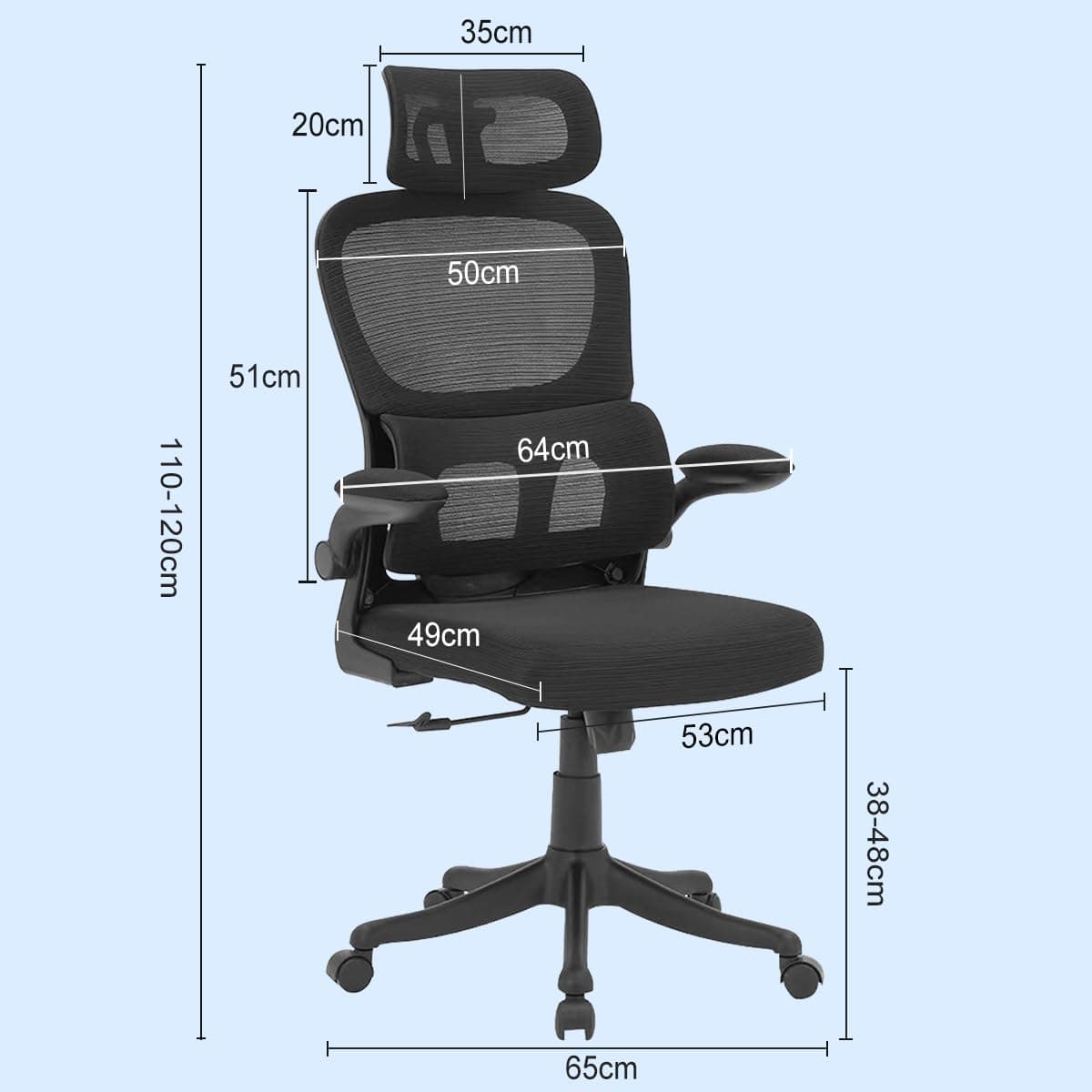 Cadeira de escritório, design ergonômico com suporte lombar independente, malha respirável e encosto de cabeça ajustável (Preto) thumbnail 2