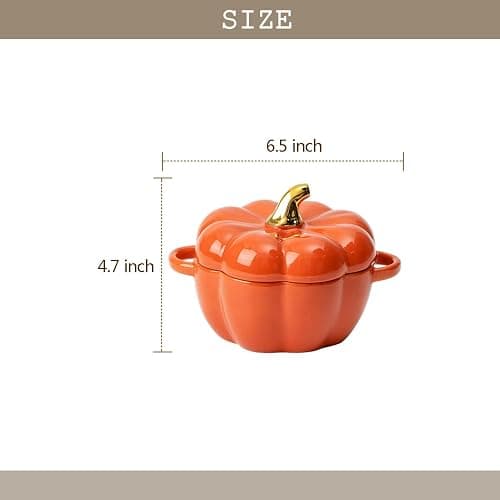 Pumpkin Bowl Set with Lid and Handle, Set of 2 Ceramic Ramekins for Baking, Casserole Dish Individual Severing Pot, Stoneware, Oven Safe, 14 Oz (Orange) thumbnail 3