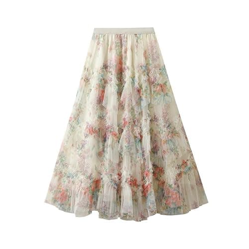 CosSky Womens Floral Tulle Skirt with Beads Elastic High Waist Mesh Tutu A-Line Midi Skirts thumbnail 3