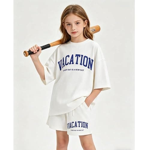 Klyatpxoen Size 6-12 Years Girl's Tracksuit Sets 2 Piece Outfits Letter Print Vacation Tee Top and Drawstring Waist Shorts thumbnail 4