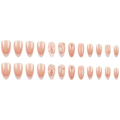 Flower Press on Nails Acrylic French Fake Nails Almond Full Cover False Nail Tips Medium Nails Pink Bow Handmade Nail Reformation for Women and Girls 24PCS thumbnail 5