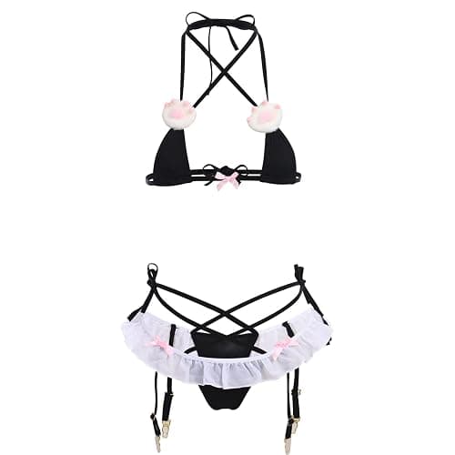 ABAFIP Womens Cute Cat Kitten Lingerie set Micro Bikini Strappy Tiny Bra Mini Panty Extreme Swimsuit - Image 1