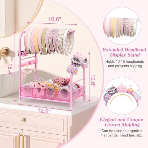Keebofly Acrylic Hair Accessories Organizer, Versatile Headband Holder Stand for Scrunchies, Bows, Claw Clips, Hair Tie, Compact Hair Organizer Storage Container for Girls, Women, Babies, Soft Pink thumbnail 4