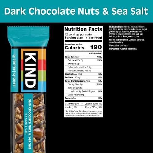KIND Nut Bars, Dark Chocolate Nuts and Sea Salt, Healthy Snacks, Gluten Free, Low Sugar, 6g Protein, 12 Count thumbnail 2