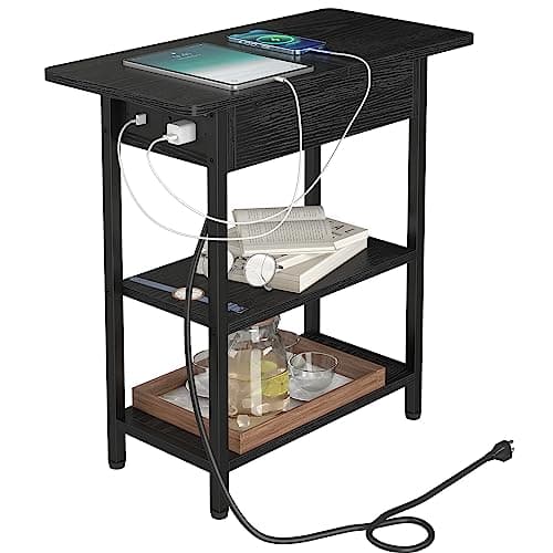 Yusong End Table with Charging Station, Narrow Couch Side Table with USB Port & Outlet, Flip-top Nightstand Bedside Table with Charger for Small Space in Living Room Bedroom,Black