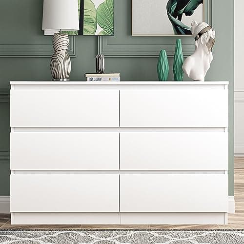 Vibe & Dine White Dresser 6 Drawer, Modern Double Dresser for Bedroom, Wood Chest of Drawers with Wide Storage for Living Room thumbnail 2