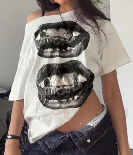 Pinclodly Off The Shoulder Tops for Women Short Sleeve Y2K Jersey Number Graphic Oversized Tshirts E-Girl Tees thumbnail 3