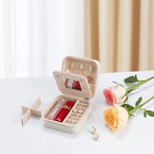 Small Travel Jewelry Case, To Go Portable Jewelry Box, Travel Jewelry Organizer,Portable Jewellery Storage Holder for Rings Earrings Necklace, Gifts for Girls Women with Mirror -White - Off-White thumbnail 5