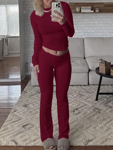 AYWA Women's 2 Piece Outfits Foldover Flare Pants Long Sleeve Crew Neck T-shirt Fitted Pajama Sets thumbnail 4