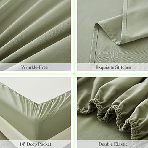 ILAVANDE Sage Queen Sheets Set 4 Piece, Hotel Luxury Super Soft 1800 Series Microfiber Queen Bed Sheets Set-Wrinkle Free & Breathable-14" Deep Pocket Sage Green Sheets(Queen,Sage Green) - Sage Green - Queen thumbnail 5