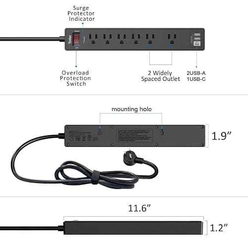 6Ft Power Strip Surge Protector - Yintar Extension Cord with 6 AC Outlets and 3 USB Ports for for Home, Office, Dorm Essentials, 1680 Joules, ETL Listed, (Black) thumbnail 7