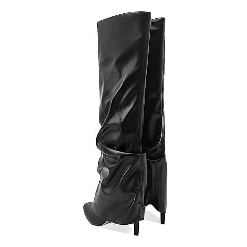 MOTIMODEN Women's Knee High Boots Fold Over High Heel Pointed Toe Black White Long Boots Women Dress Tall Boots for Women thumbnail 6