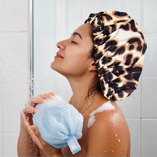 Reusable Shower Cap for Women, Large Waterproof Shower Essentials Bonnet Washable Elastic Band Bath Hair Wrap Hat for Long Hair, Braids(Leopard) thumbnail 4