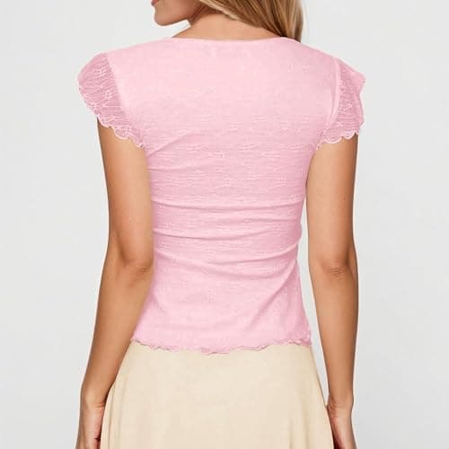 FWSAM Women Trendy Square Neck Cap Sleeve Peplum Top Y2k Lace Up Layered Lettuce Trim Flared Ruffle Hem Tee Shirt thumbnail 3