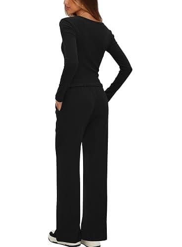 Darong Women's Fall Trendy 2 Piece Outfits Lounge Sets Long Sleeve Top Henley Shirts Wide Leg Pants Travel Clothes thumbnail 2