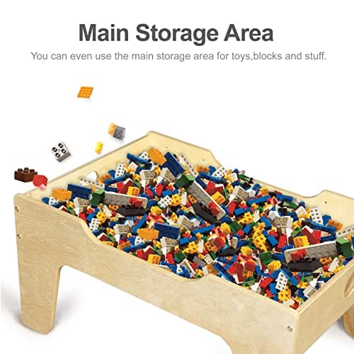KRAND Kid's All-in-One Activity Play Table with 290 Building Bricks and 30-Piece Wooden Train Set Railway,Cars,Track and Accessories for Toddlers Boys and Girls Children's Toy Playset Game Desk - Regular Baseplate Version thumbnail 6